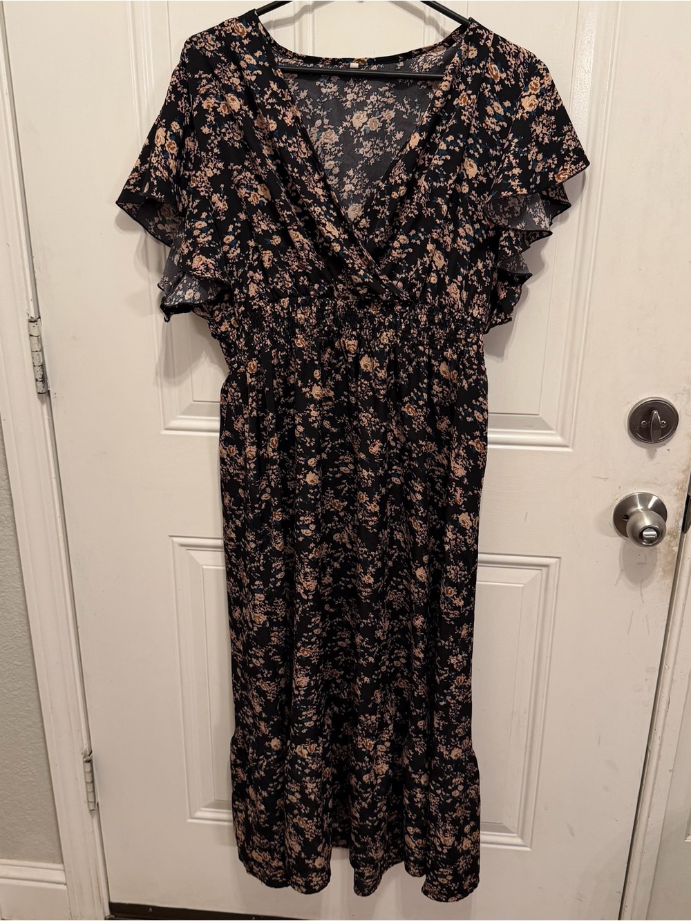 Black Floral Midi Dress with Ruffle Sleeves